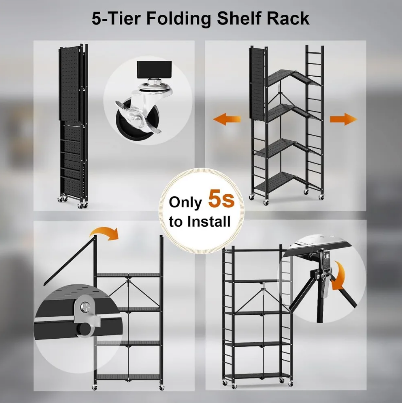 Storage Shelves with Hooks,5-Tier Collapsible Organization Storage Rack