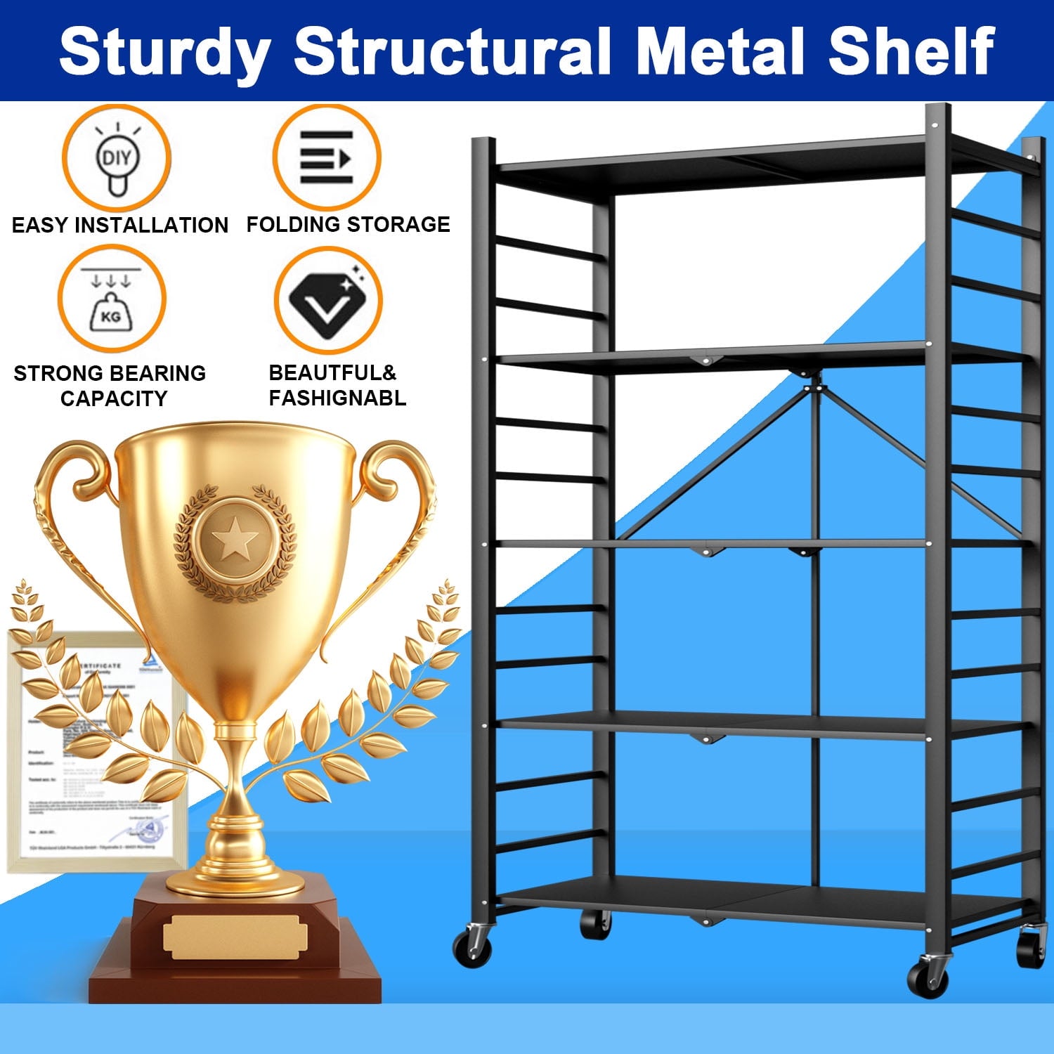 5-Tier Storage Shelving Unit, Heavy Duty Metal Shelf, Foldable Storage Shelf with Wheels, Garage Shelf, Metal Storage Rack, Kitchen Shelf with 4 Hooks, No Assemble Require