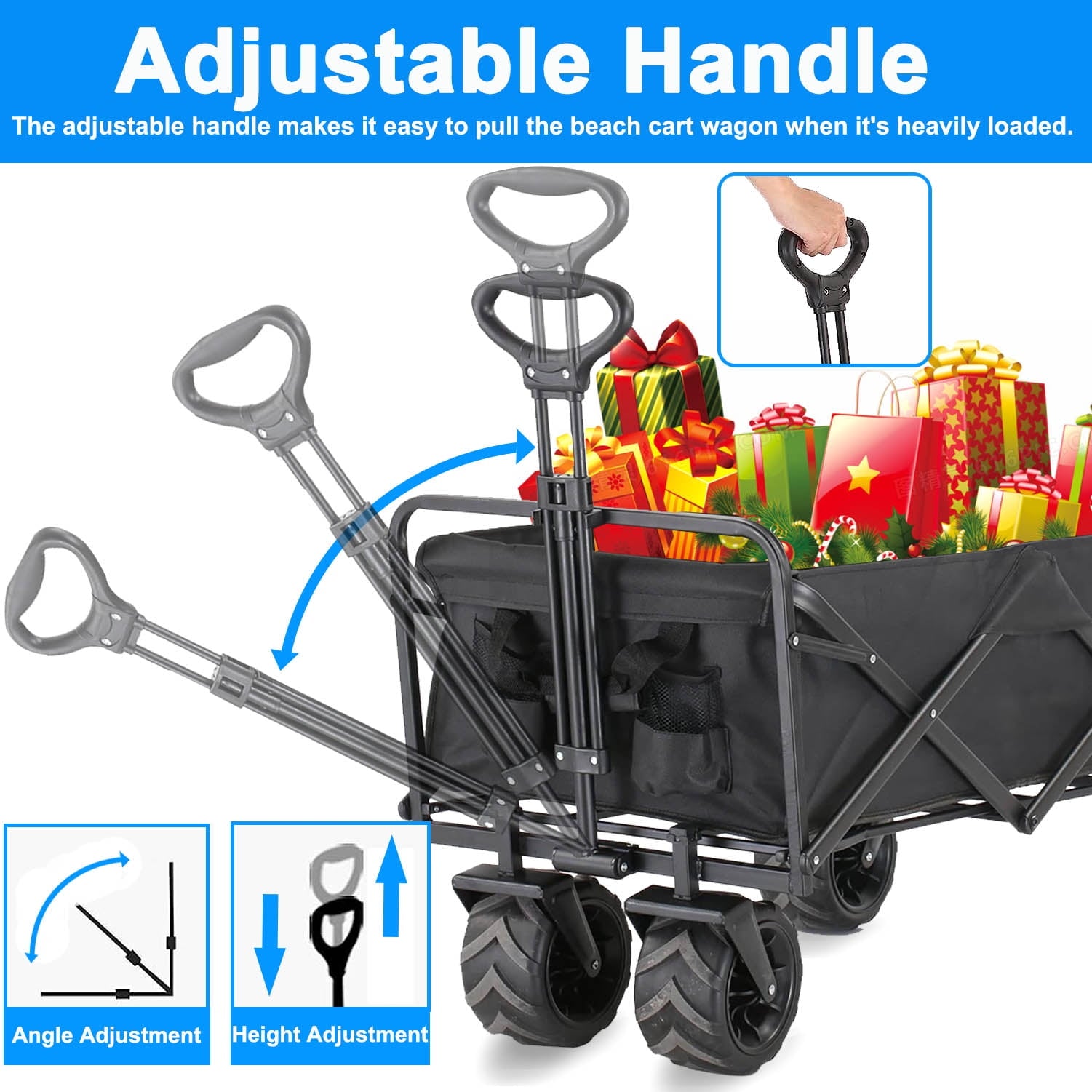 Collapsible Foldable Wagon Cart,350lbs Large Capacity Folding Wagon Cart with All-Terrain Wheels,Utility Cart with Side Pocket and Brakes for Grocery ,Garden,Shopping, Camping, Outdoor, Beach