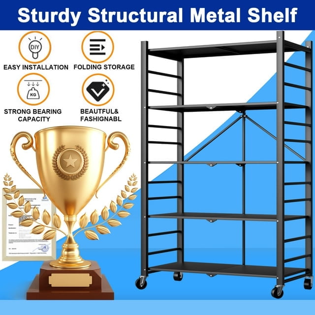 5 Tier Storage Shelves with Wheels,Collapsible Kitchen Rolling Cart, Metal Garage Shelving, Foldable Shelf ,Storage Rack , Foldable Shelf Unit