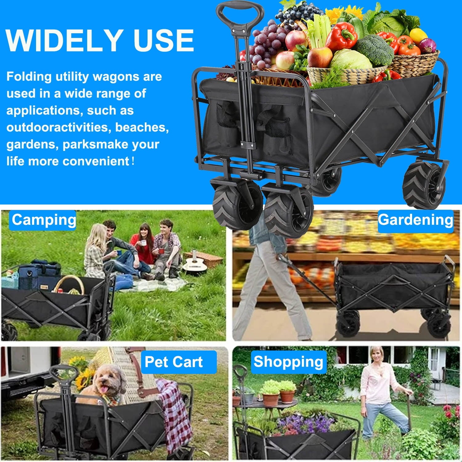 Collapsible Foldable Wagon Cart,350lbs Large Capacity Folding Wagon Cart with All-Terrain Wheels,Utility Cart with Side Pocket and Brakes for Grocery ,Garden,Shopping, Camping, Outdoor, Beach