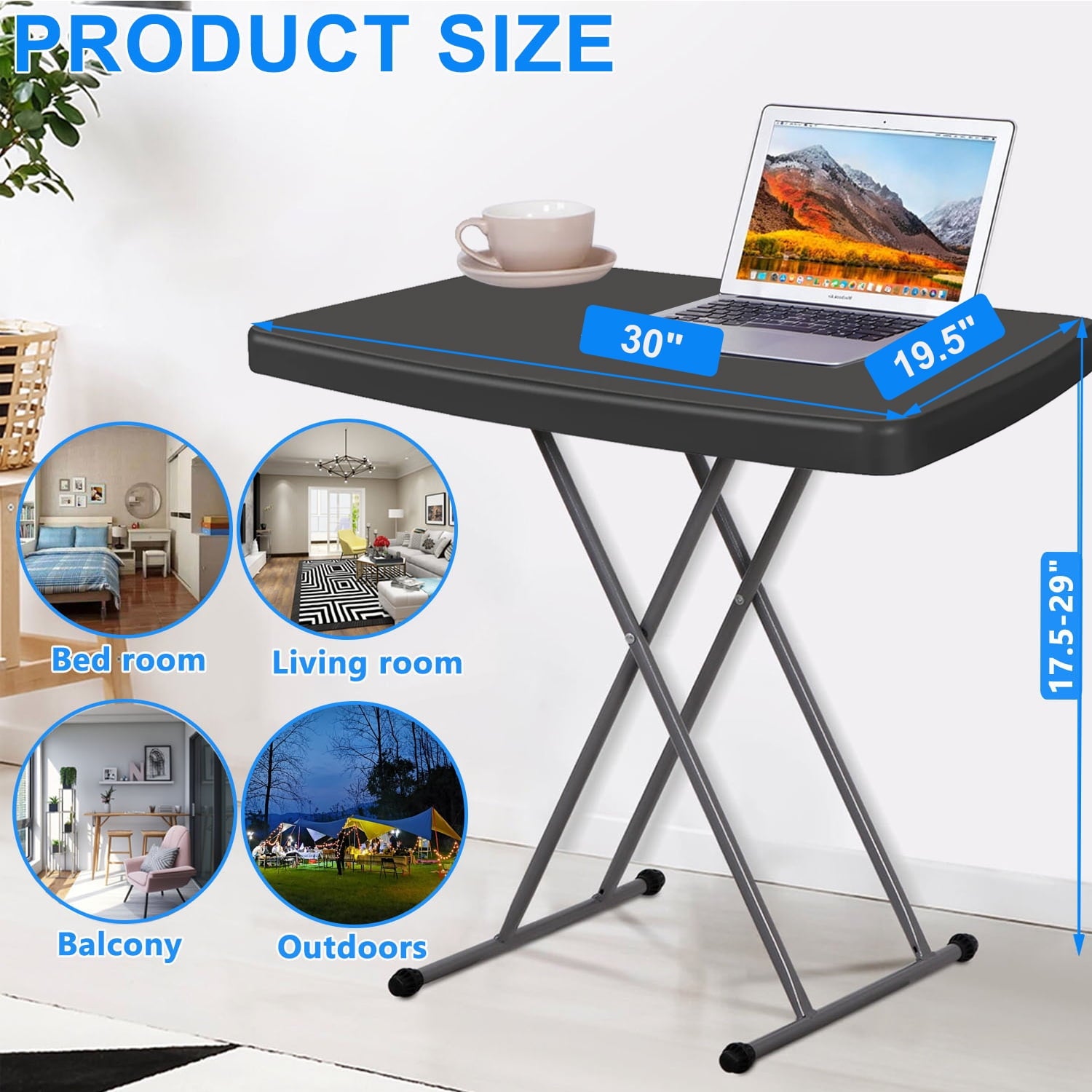 Portable TV Tray Table - Folding Table Adjustable Height for Camping & Dining ,Lightweight Indoor/Outdoor, 30 Inch, Black