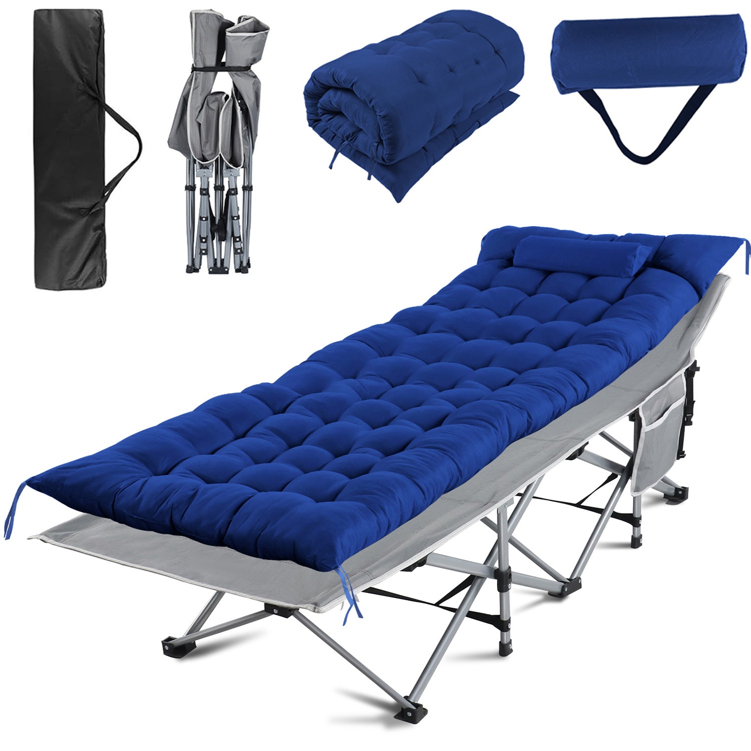 Folding Bed Cot with Pillow, 3.3 Inch 2 Sided Mattress, 75"* 28" Folding Sleeping Cot Guest Bed, Folding Camping Cots with Carry Bag,Dark Blue