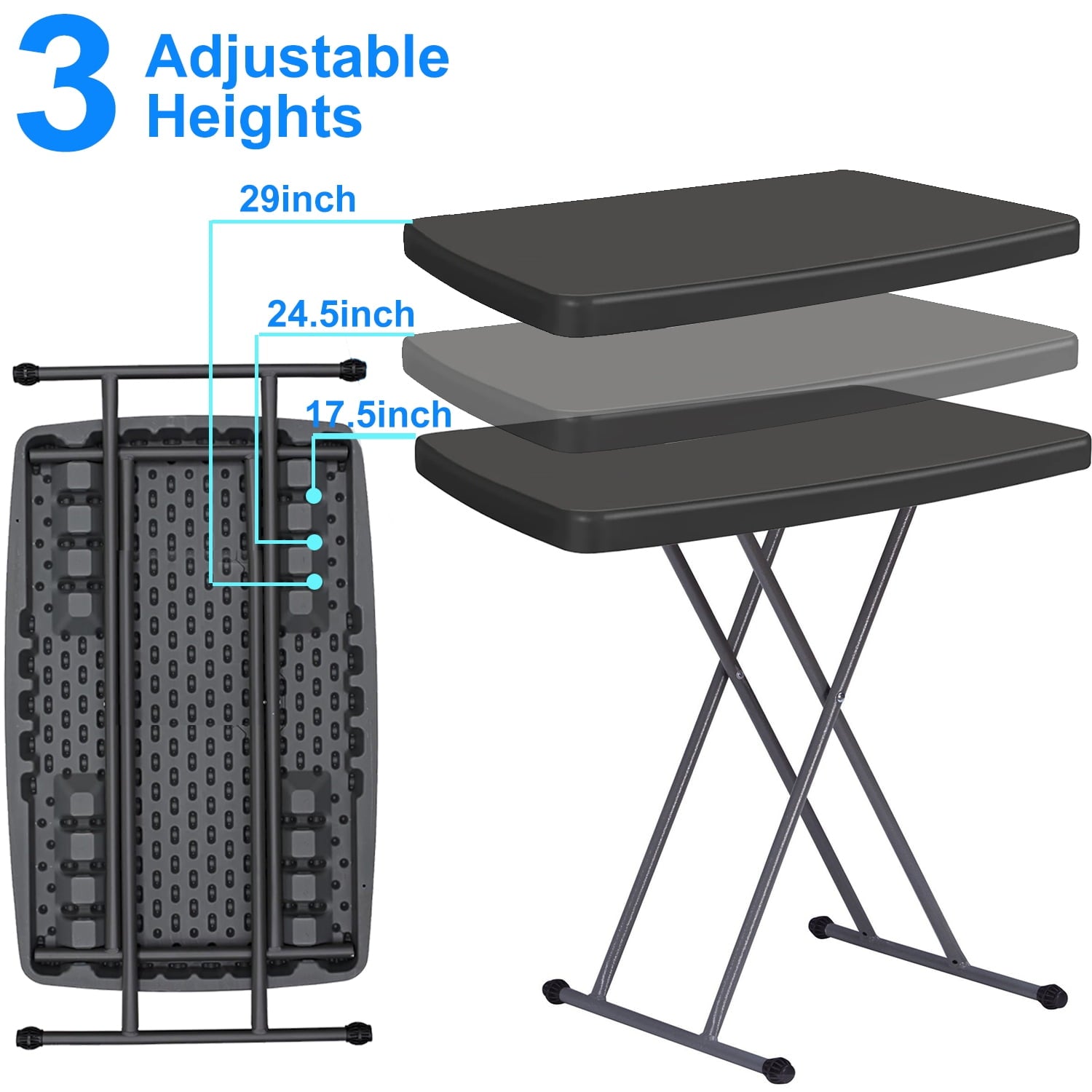 Portable TV Tray Table - Folding Table Adjustable Height for Camping & Dining ,Lightweight Indoor/Outdoor, 30 Inch, Black