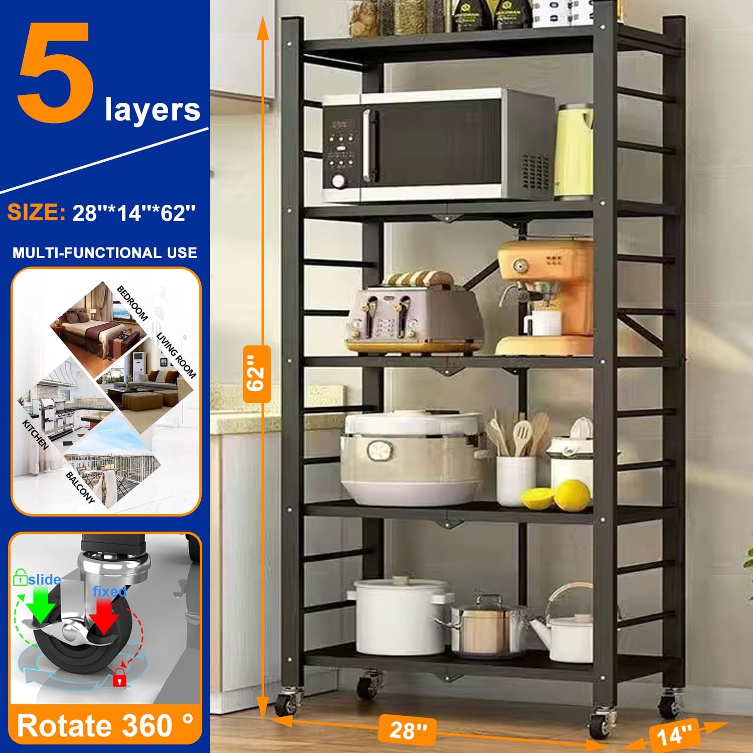 5-Tier Storage Shelving Unit, Heavy Duty Metal Shelf, Foldable Storage Shelf with Wheels, Garage Shelf, Metal Storage Rack, Kitchen Shelf with 4 Hooks, No Assemble Require