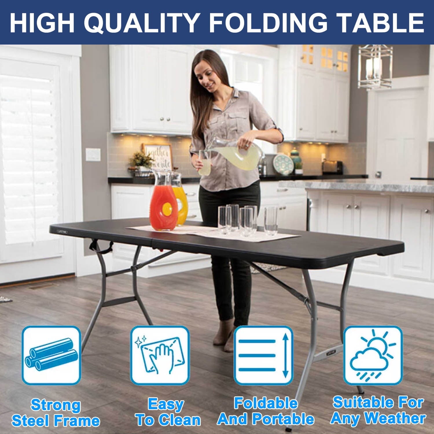 Folding Table 6ft Plastic Folding Outdoor Table, Black