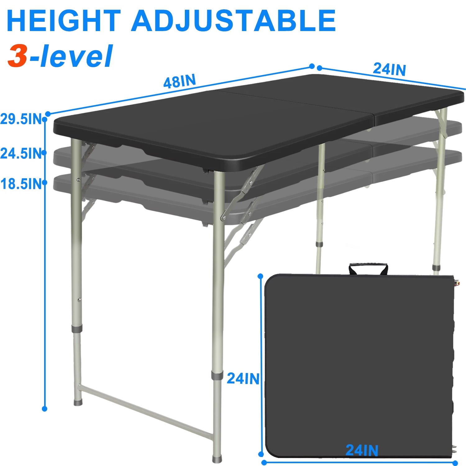 4 Foot Fold-in-Half Adjustable Folding Table,Black