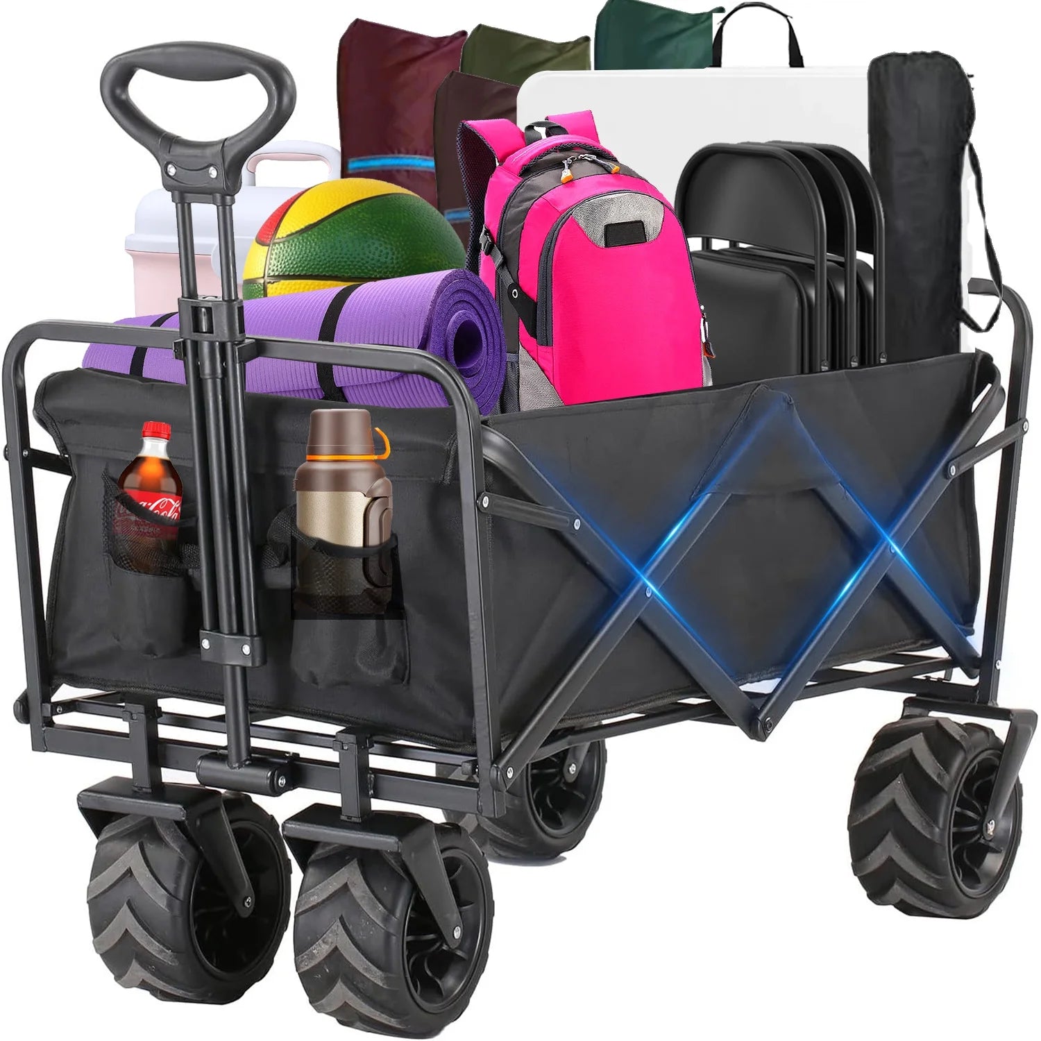 Collapsible Foldable Wagon Cart,350lbs Large Capacity Folding Wagon Cart with All-Terrain Wheels,Utility Cart with Side Pocket and Brakes for Grocery ,Garden,Shopping, Camping, Outdoor, Beach