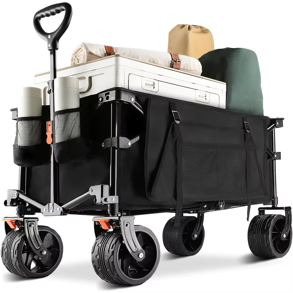 Extra Large Collapsible Garden Cart, Folding Camp Wagon Utility Carts with Fat Wheels and Side Storage, for Garden, Camping, Shopping