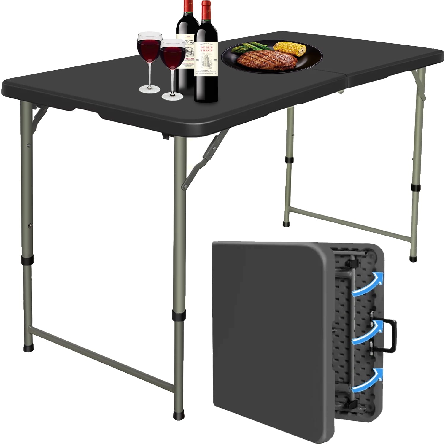 4 Foot Fold-in-Half Adjustable Folding Table,Black