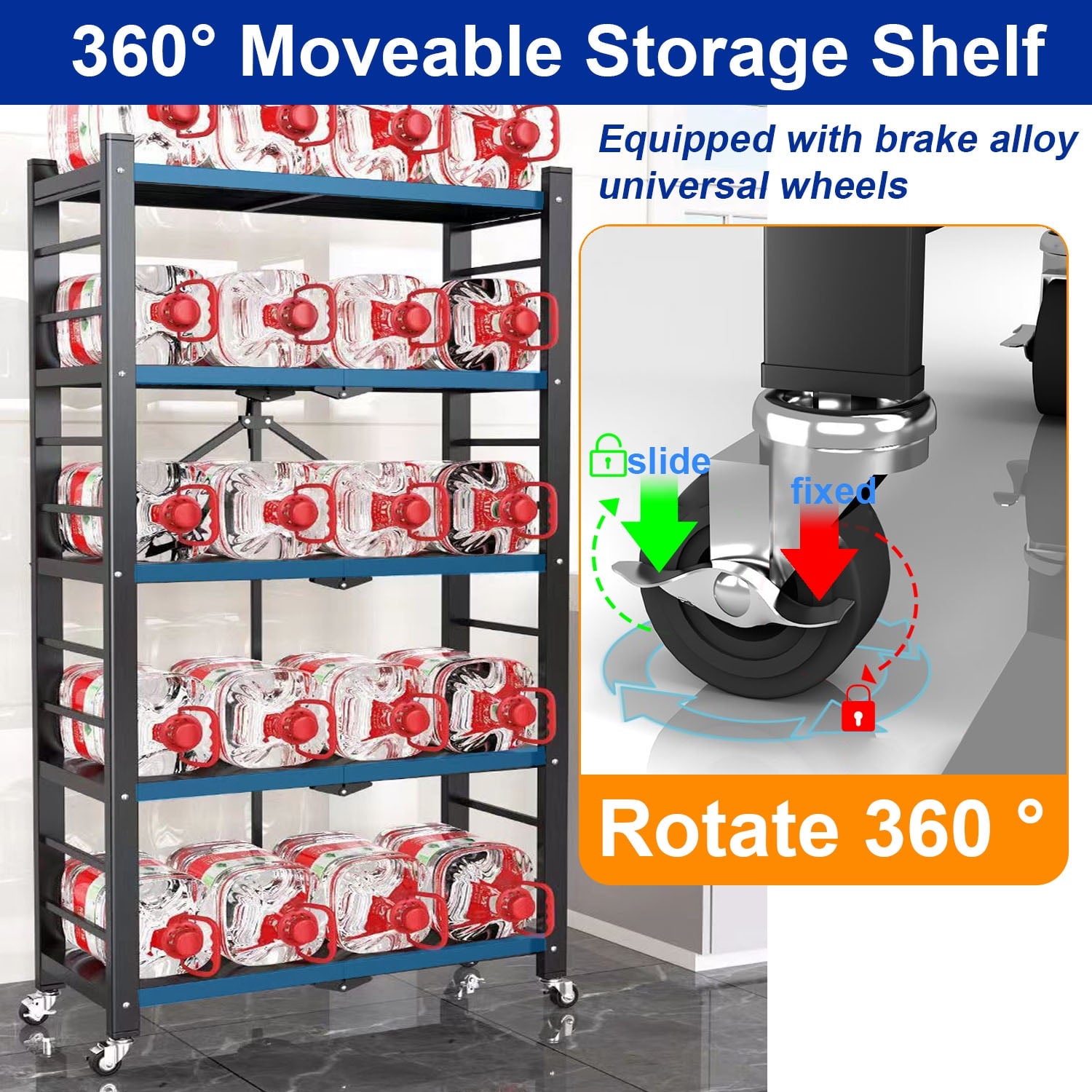 5-Tier Storage Shelving Unit, Heavy Duty Metal Shelf, Foldable Storage Shelf with Wheels, Garage Shelf, Metal Storage Rack, Kitchen Shelf with 4 Hooks, No Assemble Require