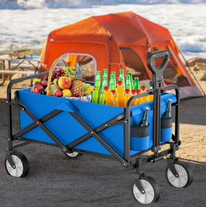 Folding Wagon Garden Cart Heavy Duty with Side Pocket, Large Capacity Foldable Grocery Beach Wagon