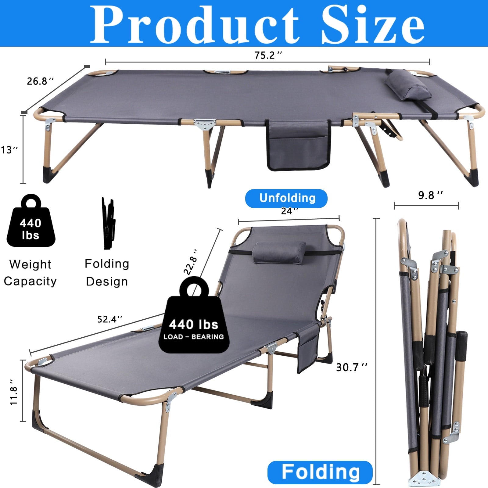 Folding Bed Cot with Pillow, 3.3 Inch 2 Sided Mattress, 75"* 28" Folding Sleeping Cot Guest Bed, Folding Camping Cots with Carry Bag